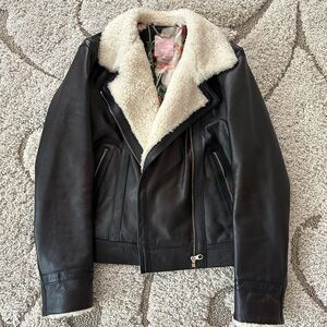 Like New Ted Baker Well Made Black Leather Bomber Jacket with Beautiful details.